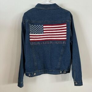 VTG Women's Karen Hart Denim Jean Jacket Embroidered American Flag Back Medium